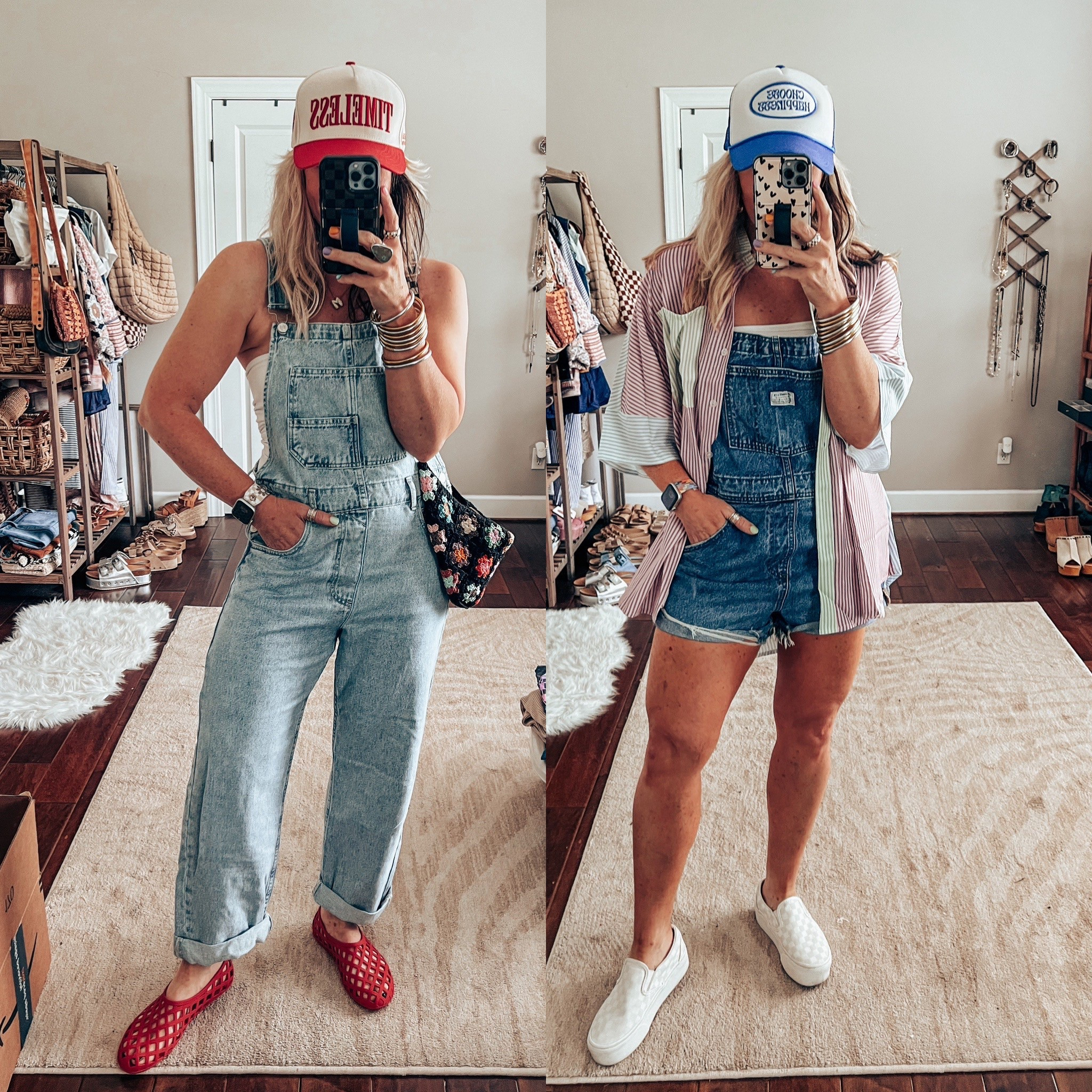 I love to wear tanks and tube tops under overalls and this colorblock striped button up is too cute over the shortalls. 
Both overalls - M 
Jelly shoes - true to size 
Vans - sized down 
Colorblock button up - M

#LTKOver40 #LTKStyleTip #LTKFindsUnder50