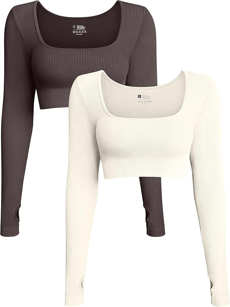 OQQ Women's 2 Piece Crop Top Ribbed Seamless Workout Exercise Long Sleeve Crop Tops | Amazon (US)