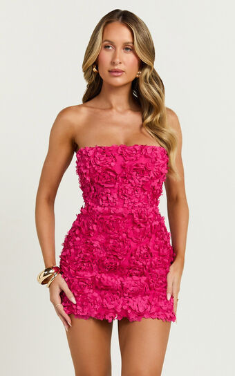 Cassia Mini Dress - Strapless 3D Floral Lace Up Back Dress in Pink | Showpo (US, UK & Europe)