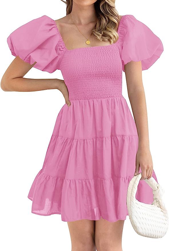 LEANI Womens 2023 Boho Square Neck Summer Dress Smocked Puff Sleeve Off Shoulder A-Line Mini Dres... | Amazon (US)
