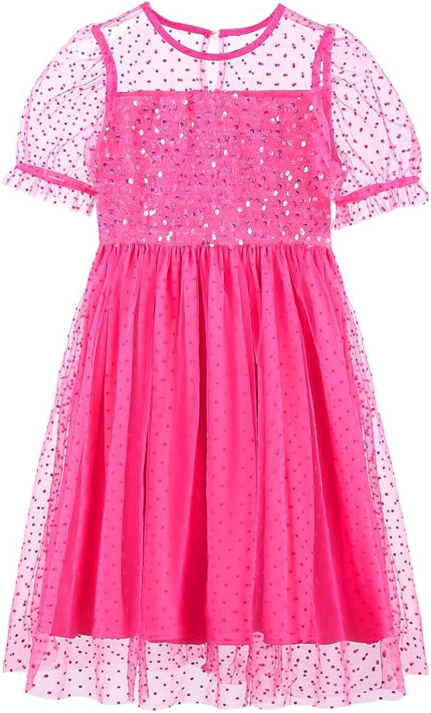 Girls' Sequin Mesh Dress Glitter Short Sleeve Party Birthday Tulle Dress 5-12Y | Amazon (US)
