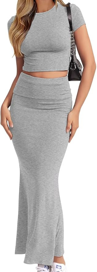 CHYRII Womens Two Piece Sets Short Sleeve Crewneck Cropped Top Bodycon Fold Over Maxi Skirt Maxi ... | Amazon (US)