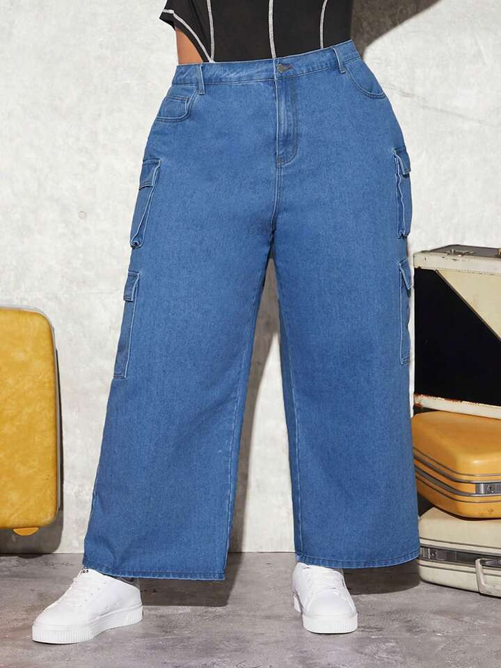 SHEIN CURVE+ Women's Plus Size Wide Leg Denim Pants With Side Flap Pockets | SHEIN