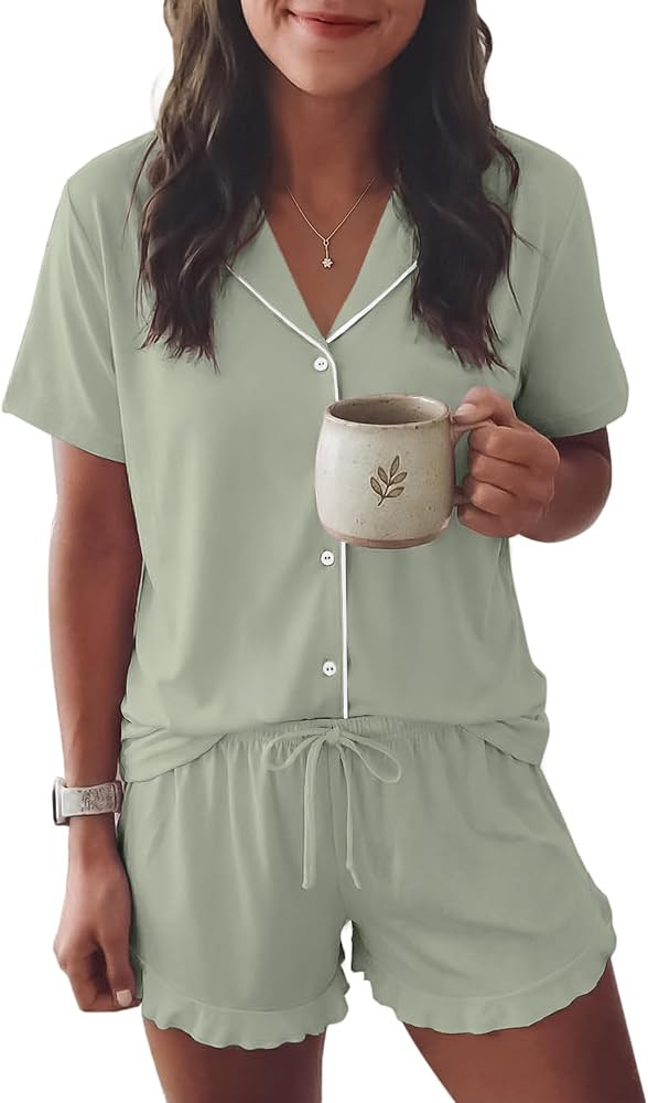 Ekouaer Womens Pajama Sets Button Down Cute Ruffled Pjs Set Sleepwear | Amazon (US)