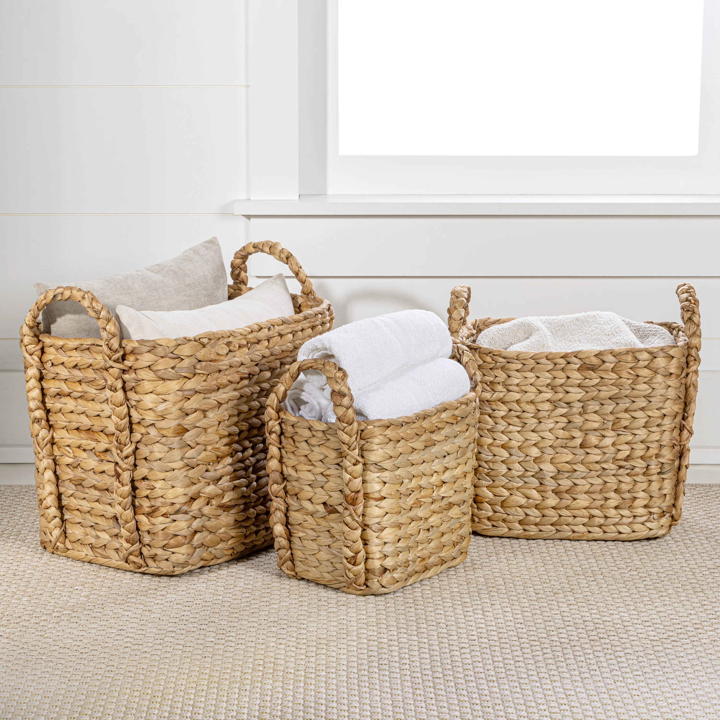 Burson Farmhouse Classic Handwoven Hyacinth Rectangle Storage Floor Baskets with Handles (Set of ... | Wayfair North America