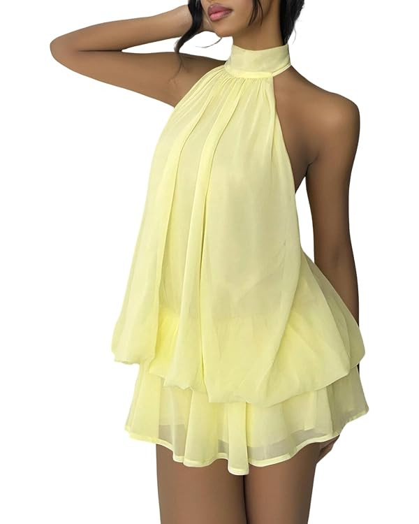 SHINFY Women Chiffon Halter Cocktail Dresses for Wedding Guest Ruffle Mini Beach Vacation Birthda... | Amazon (US)