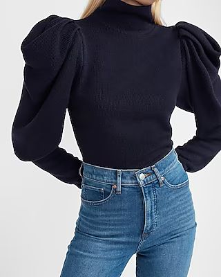 Ribbed Puff Sleeve Mock Neck Top | Express