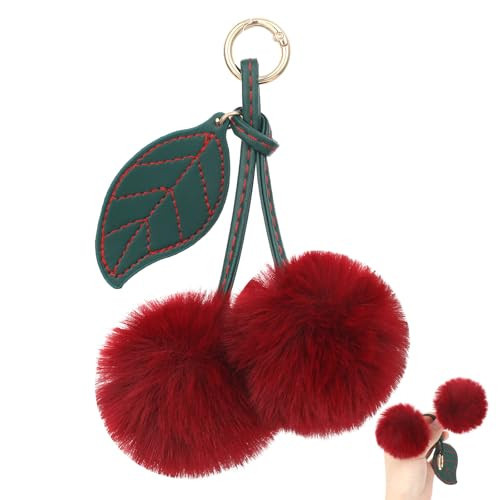 Apojgitn Fluffy Cherry Keychain, Red Keychain Cute Accessories Pom Pom Cherry Bag Charm Purse Plush Charms Handbags Pendant for Women Girl Birthday Christmas Gifts Stocking Stuffers | Amazon (US)