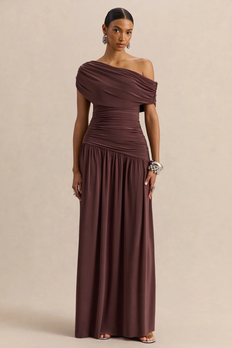 Emberly  Brown Draped Asymmetric-Neck Maxi Dress With Drop-Waist | Club L London