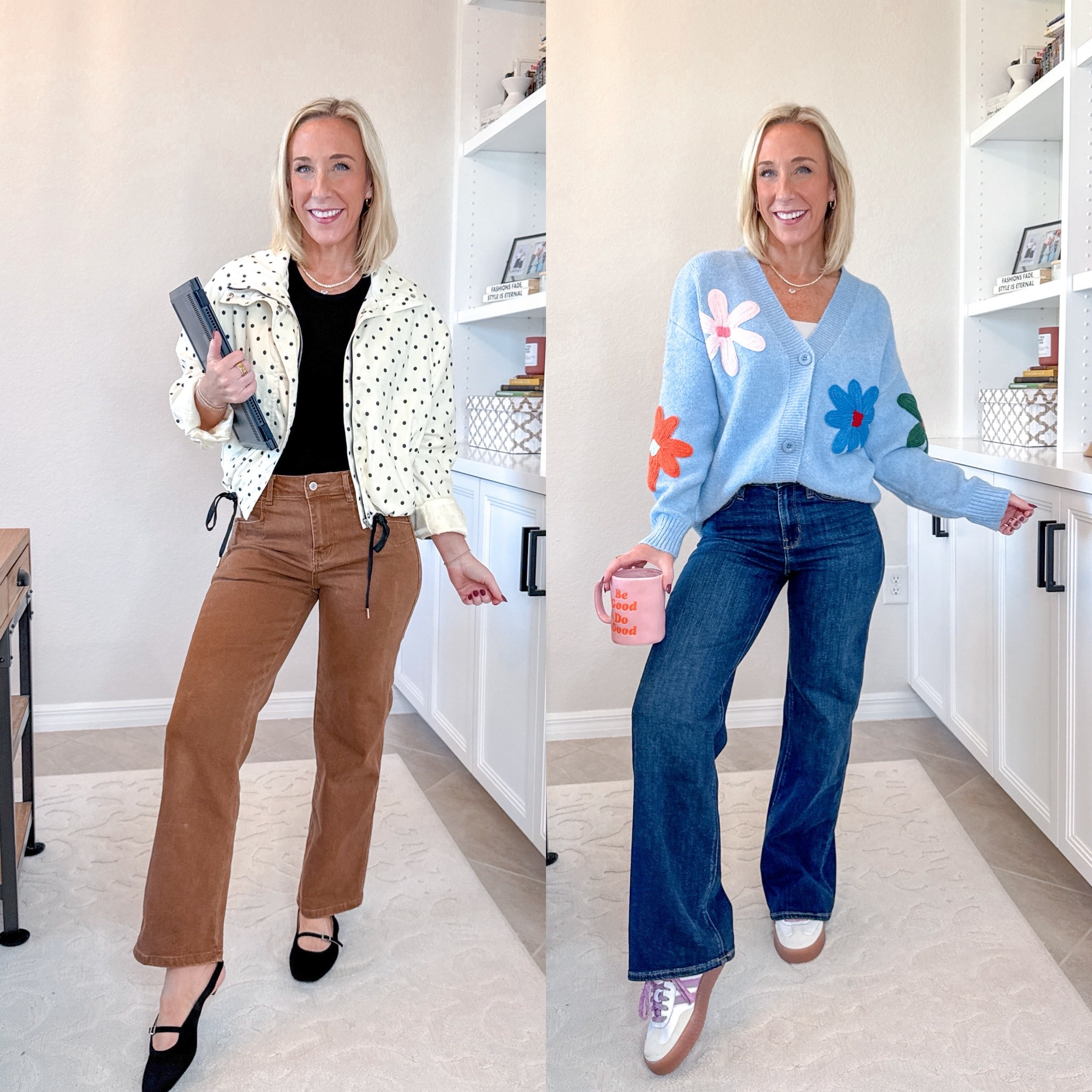 Week of Work Wear: 

TUESDAY: brown jeans - size 4 // polka dot jacket - size small // black t-shirt - size small (packing 3) // black sling back flats - tts. 
 
FRIDAY: flower cardigan - size small // wide leg jeans - size 25 // sneakers - tts. * teacher outfit, teacher clothes, teacher style, office outfit.
 

 

#LTKFindsUnder50 #LTKWorkwear #LTKSeasonal