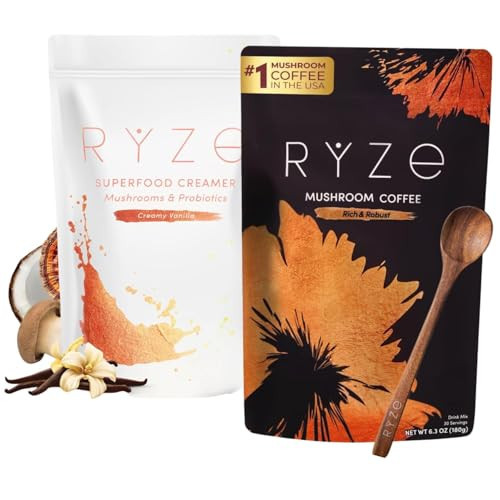 RYZE SUPERFOODS Dark Roast RYZE n Shine Bundle, Instant Mushroom Coffee + Probiotic Coffee Creamer with 6 Adaptogenic Mushrooms, Prebiotic+Probiotic Blends, Energy Focus Digestion Immunity, 30 sv each | Amazon (US)