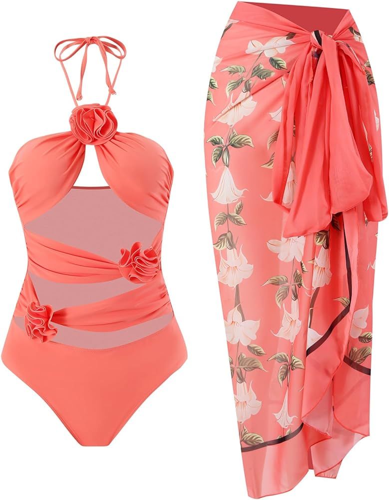 IDOPIP Women's One Piece Swimsuit with Beach Cover up Wrap Skirt Sarong Halter Floral Print Bikin... | Amazon (US)