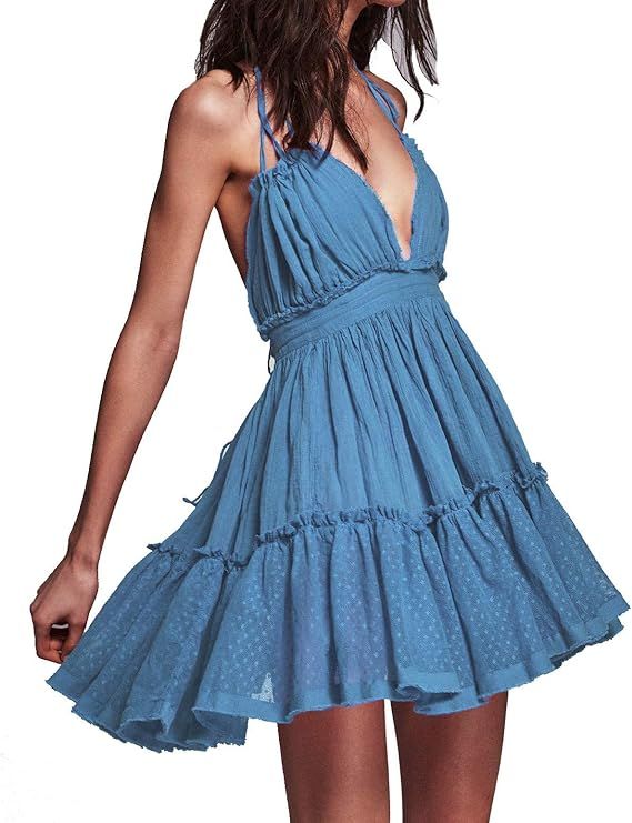 R.Vivimos Womens Summer Halter Deep V Neck Sexy Patchwork Mini Short Dresses | Amazon (US)