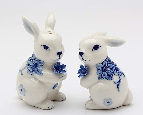 Fine Ceramic Hand Painted Classic Dutch Blue and White Bunny Rabbit Holding Blue Flowers Salt & P... | Amazon (US)