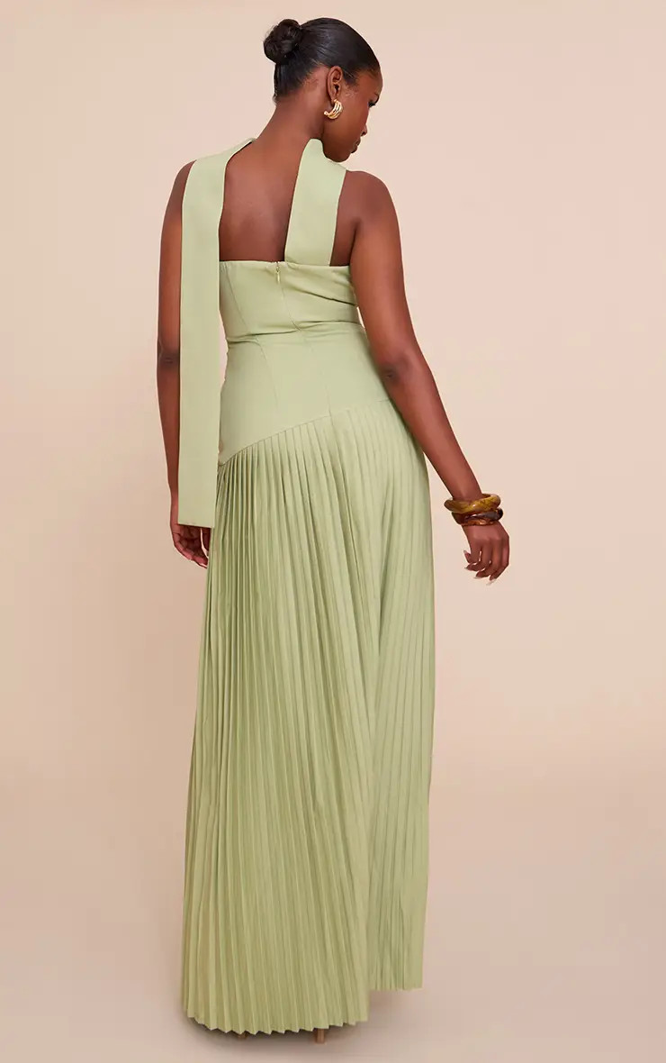 Sage Green Woven Asymmetric Pleated Maxi Dress | PrettyLittleThing UK
