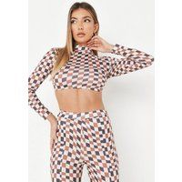 Brown Co Ord Checkerboard Long Sleeve Backless Crop Top | Missguided (US & CA)