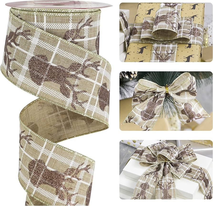 HUIHUANG Plaid Reindeer Ribbon 2.5 inch Wired Deer Ribbon Christmas Ribbon with Deer Antler for W... | Amazon (US)