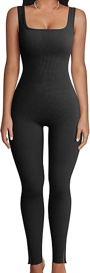OQQ Women's Jumpsuits Ribbed Sleeveless Square Neck Ankle Split One Piece Tank Tops Yoga Jumpsuit... | Amazon (US)