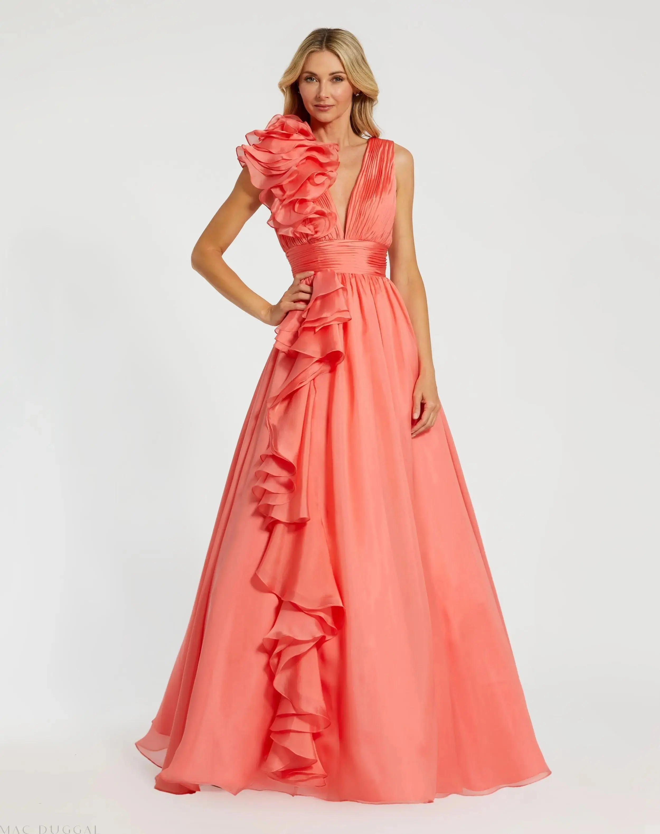 Coral Ruffle Shoulder V-Neck Chiffon Gown | Mac Duggal | Mac Duggal