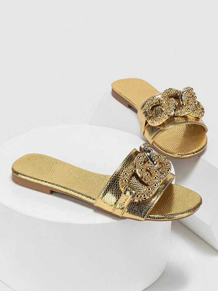 Women Metallic Snakeskin Embossed Chain Decor Slide Sandals, Glamorous Sandals | SHEIN