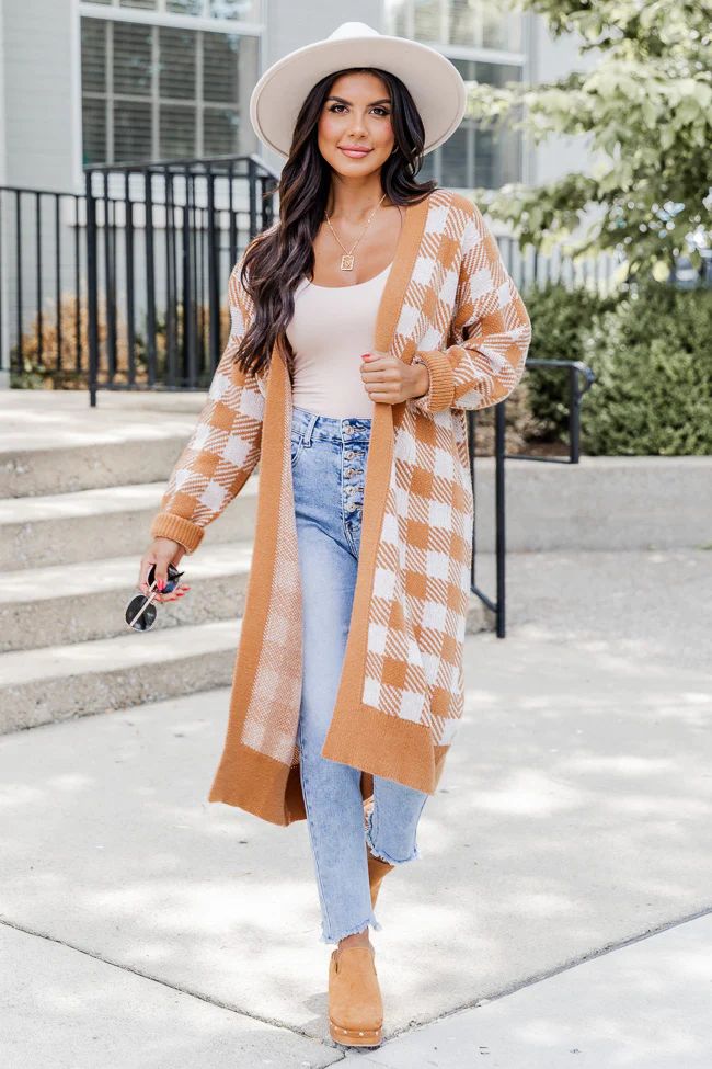 Be The First Tan Plaid Long Cardigan | Pink Lily