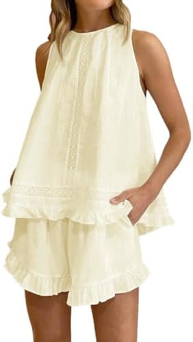 Womens Ruffle Short Set 2 Piece Outfits Fashion Summer Sleeveless Lace Trim Top and Shorts Cotton... | Amazon (US)