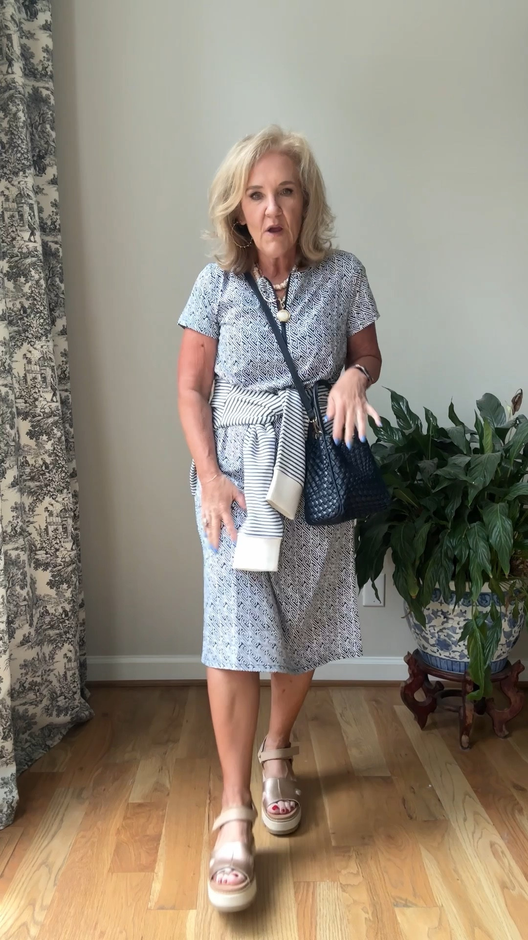 Talbots dress super lightweight perfect for European travel, amusement parks, Fourth of July picnics, and parades. I did size down to a small.
Spanx air essentials crewneck in this really pretty stripe. I’m wearing a size large. 15% off your order for new customers only with code.  NANETTEXSPANX 
Sandals are very comfortable and found at a discount  by sorel. They’re sturdy and I could walk for miles in them.

My purse in blue has been restocked!

#LTKOver40 #LTKTravel #LTKFindsUnder100