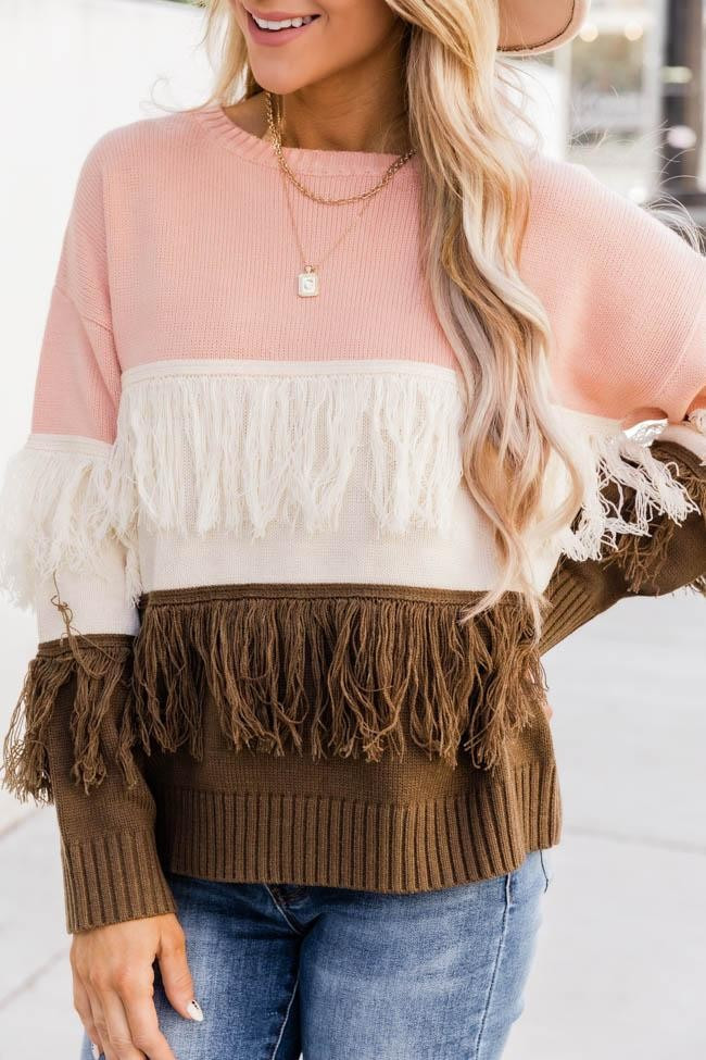 Definition Of Love Fringe Colorblock Pink Sweater SALE | The Pink Lily Boutique