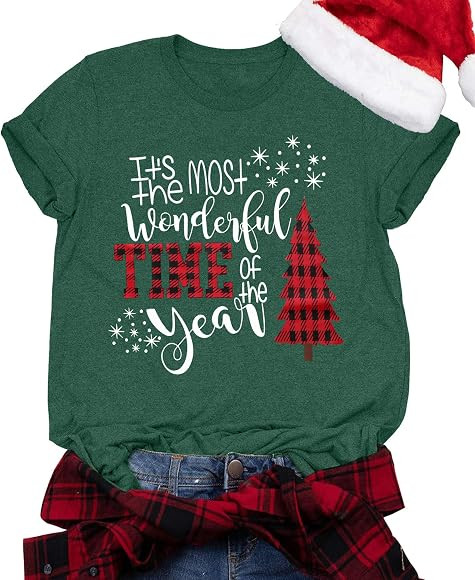 Merry Christmas Shirts for Women Xmas Buffalo Plaid Tree Shirt Top Short Sleeve Casual Graphic Pr... | Amazon (US)