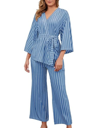 VibeVista Striped Pajamas for Women Set Kimono Lounge Sets 2 Piece Long Sleeve Pajama Tops and Pants Outfits with Belt Sleep Wear Blue M | Amazon (US)