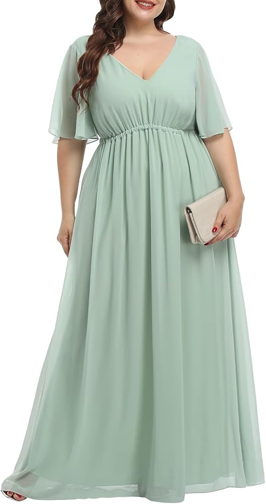 Pinup Fashion Women's Plus Size Chiffon Double V-Neck Empire Waist Ball Gowns for Evening Party F... | Amazon (US)