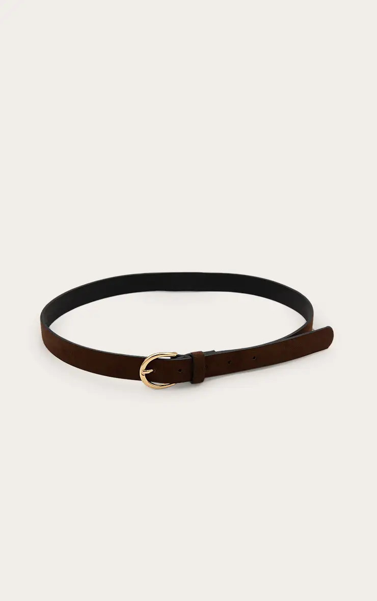 Chocolate Pu Gold Crescent Buckle Skinny Belt | PrettyLittleThing USA | PrettyLittleThing US