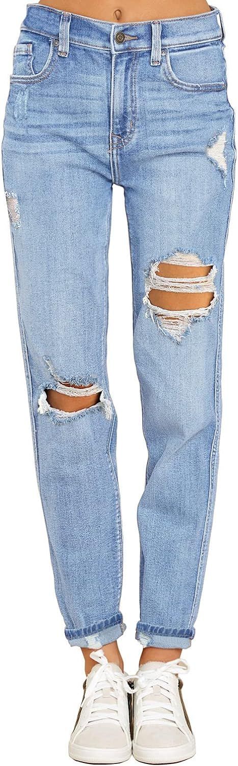 luvamia Women's Casual Ripped Jeans Elastic Waist Slim Boyfriend Jeans Denim Pants | Amazon (US)