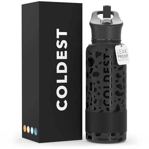 Coldest Insulated Water Bottle with Straw Lid - Stainless Steel Metal Thermos for Men & Women (Black Leopard, 32 oz) | Amazon (US)
