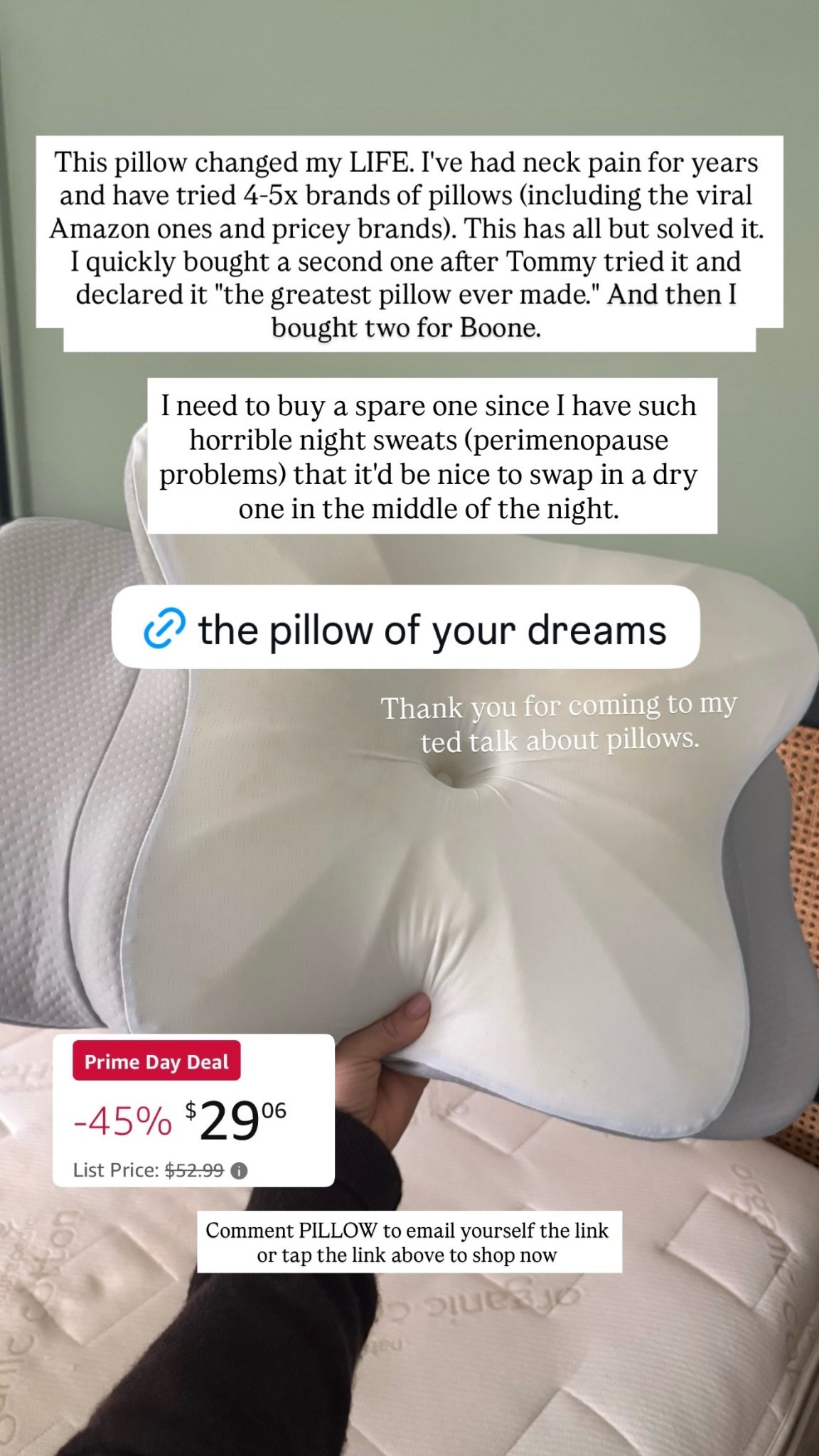 This pillow changed my LIFE. I've had neck pain for years and have tried 4-5x brands of pillows (including the viral Amazon ones and pricey brands). This has all but solved it. I quickly bought a second one after Tommy tried it and declared it "the greatest pillow ever made." And then I bought two for Boone. *another* I need to buy a spare one since I have such horrible night sweats (perimenopause problems) that it'd be nice to swap in a dry one in the middle of the night.
 Comment PILLOW to email yourself the link or tap the link above to shop now
