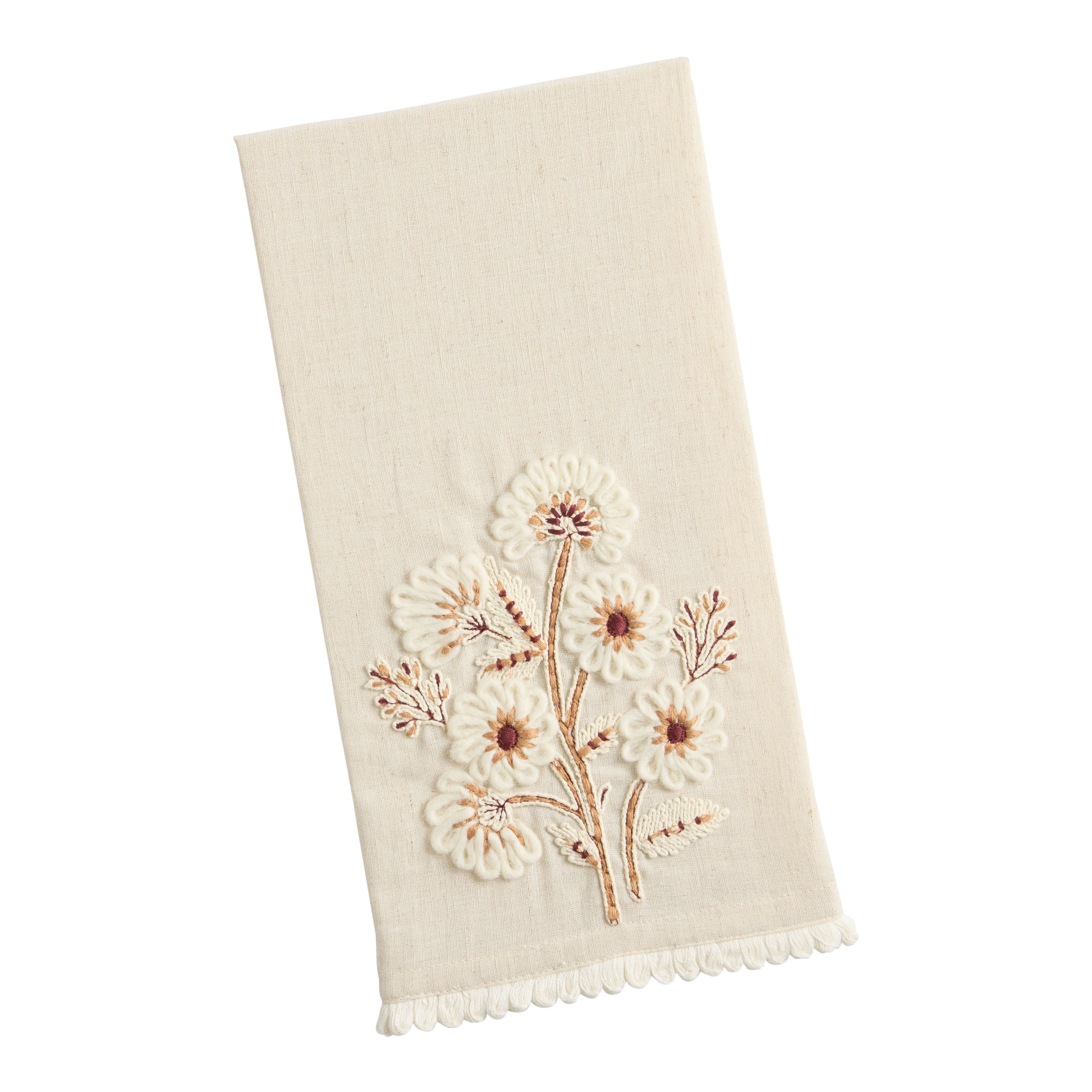 Oatmeal and White Embroidered Floral Kitchen Towel | World Market