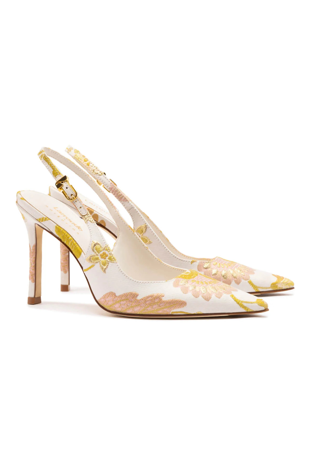 Larroudé x Markarian Kaitlan Pump In Pink And Gold Floral Brocade | Markarian