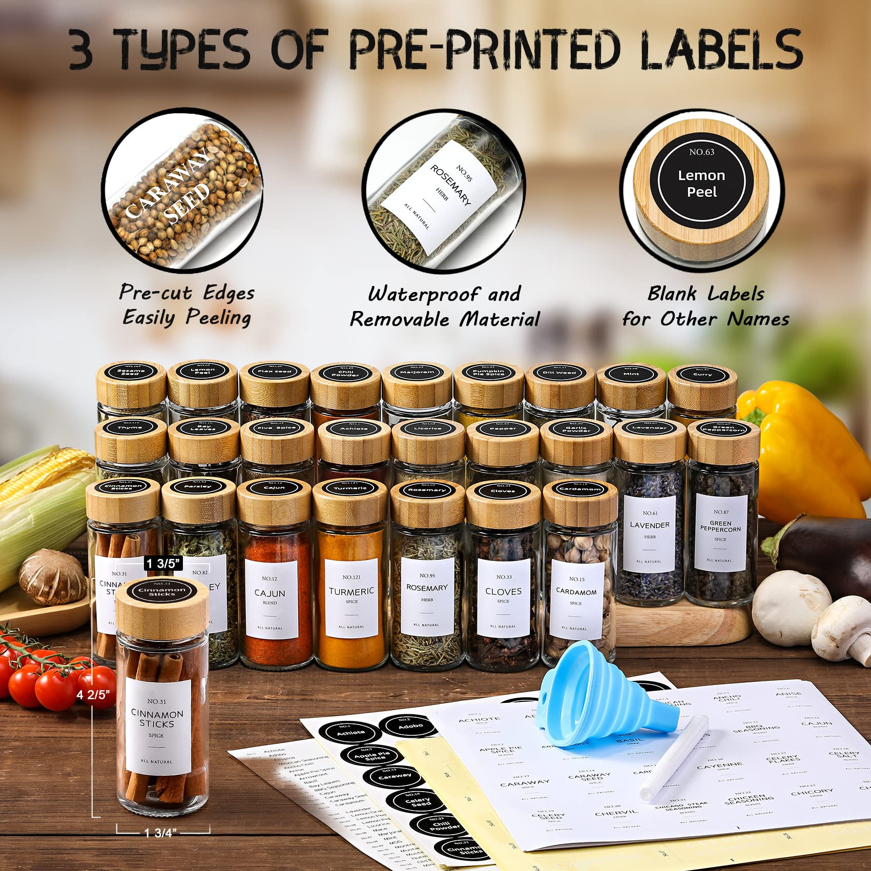 NETANY 24 Pcs Spice Jars with Bamboo Lids - 4 oz Round Glass Spice Jars with Labels , Minimalist ... | Amazon (US)