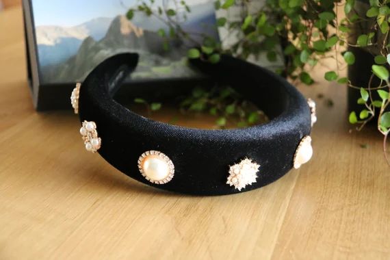 Solid velvet padded headband with pearls and rhinestones,Black thick velvet headband,Pearls&Rhine... | Etsy (US)