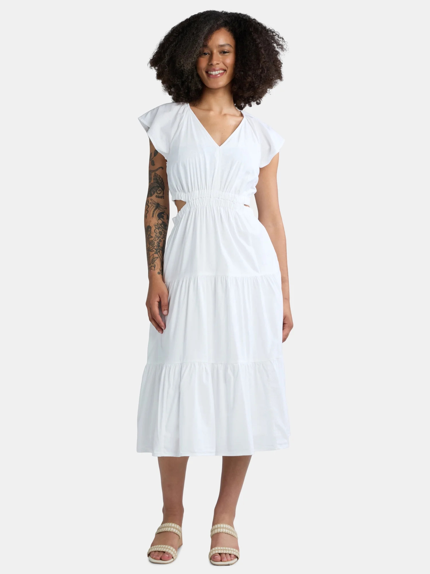 Time and Tru Women's Cut Out Midi Dress with Flutter Sleeves, Sizes XS-XXXL | Walmart (US)