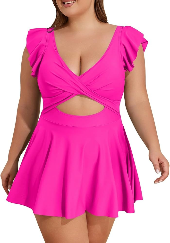 B2prity Women's Plus Size Swimsuit Tummy Control One Piece Swimdress Ruffle V Neck Cutout Wrap Ba... | Amazon (US)