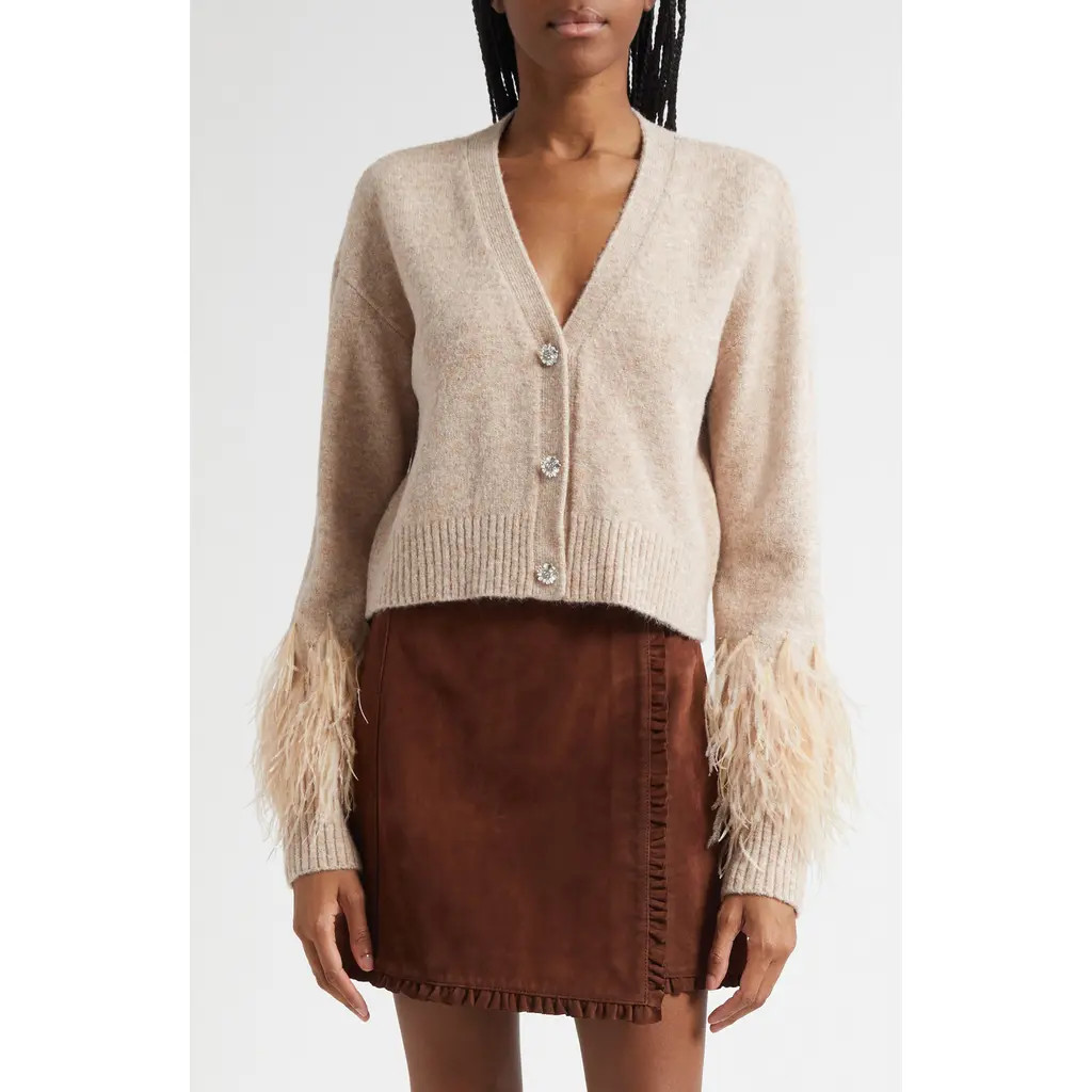 Cinq à Sept Briana Feather Trim Cardigan in Oatmeal at Nordstrom, Size X-Small | Nordstrom