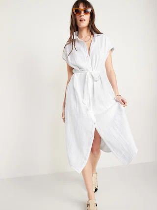 Short-Sleeve Waist-Defined Midi Shirt Dress for Women | Old Navy (US)