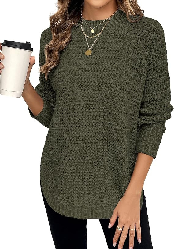 Womens Chunky Waffle Knit Sweater Fall 2025 Trendy Dressy Casual Crewneck Pullover Sweaters | Amazon (US)