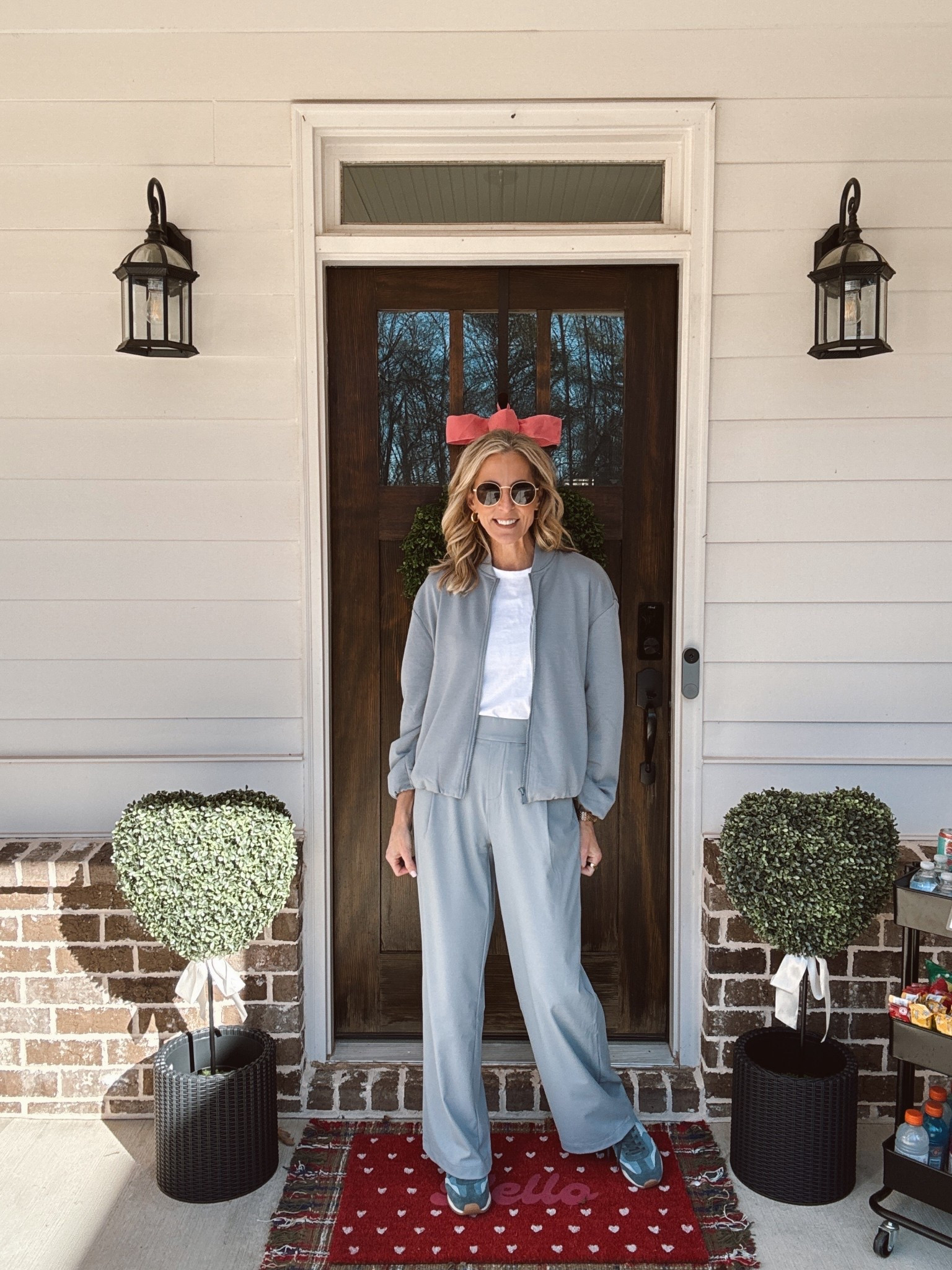 Avia women’s scuba knit, bubble hem bomber jacket with matching pants, truly elevate, the modern tradition of looking luxurious for less with all the comfort. You can wear each piece separate or you can wear it together. The jacket is $28 wearing a size small the pants are $25 size small  and this great tee is under $10 