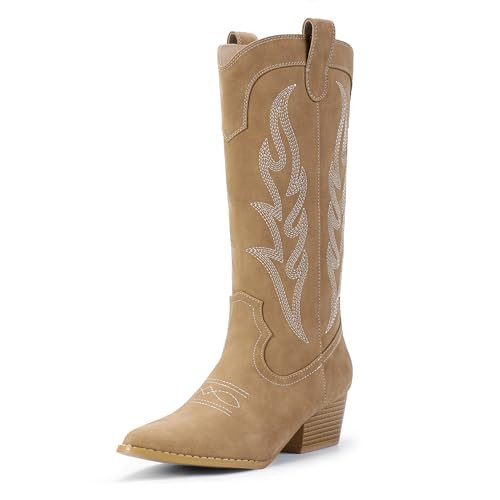 IDIFU Tan Cowboy Boots for Women Cowgirl Boots Western Boots Mid Calf Chunky Low Heel Pointed Toe Embroidered Country Boots Cute Fashion Booties for Women Dress Wedding Heeled Boots(Tan, 5.5) | Amazon (US)
