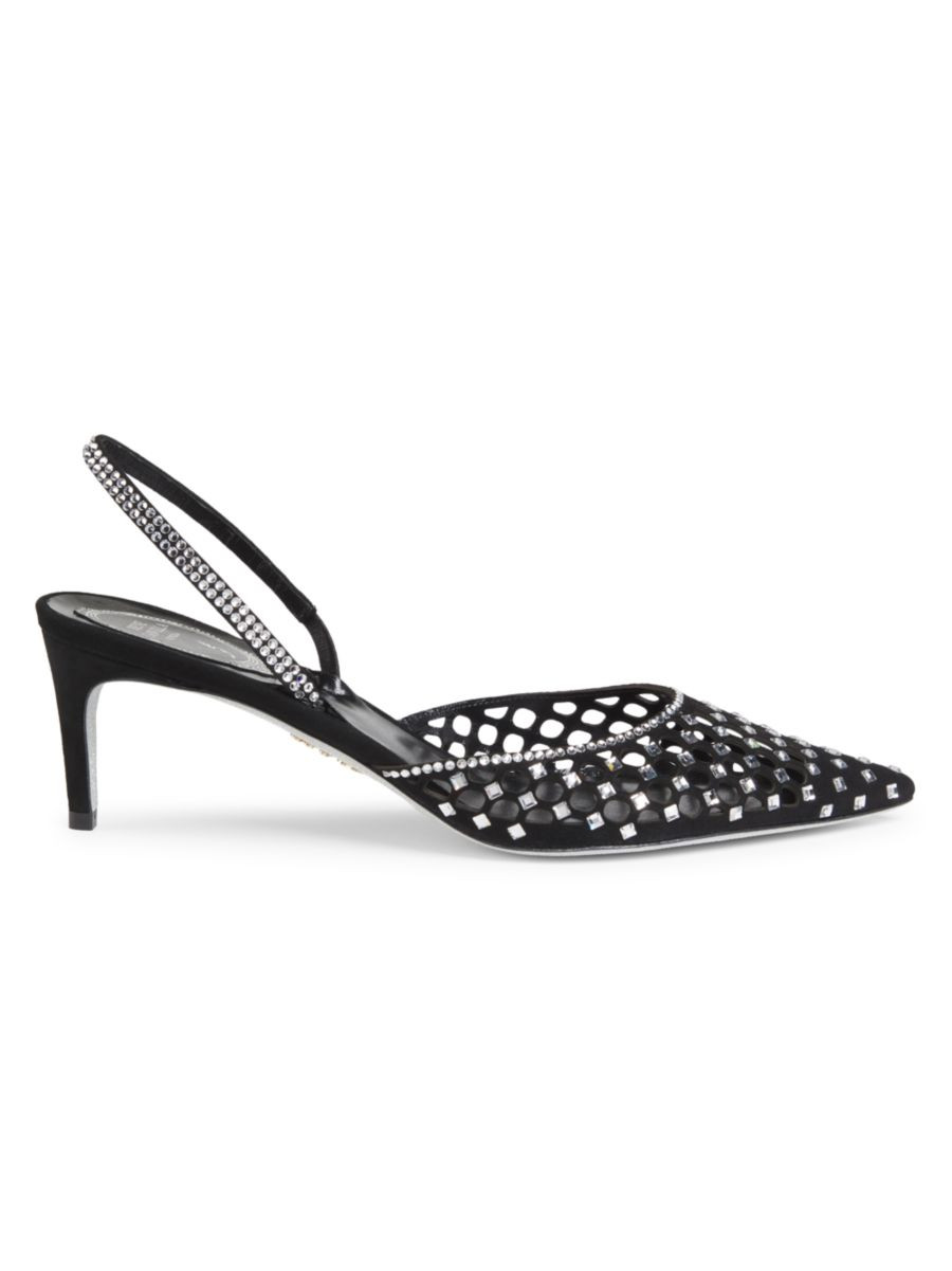 Shop Rene Caovilla 60MM Crystal-Embellished Suede Slingback Pumps | Saks Fifth Avenue | Saks Fifth Avenue