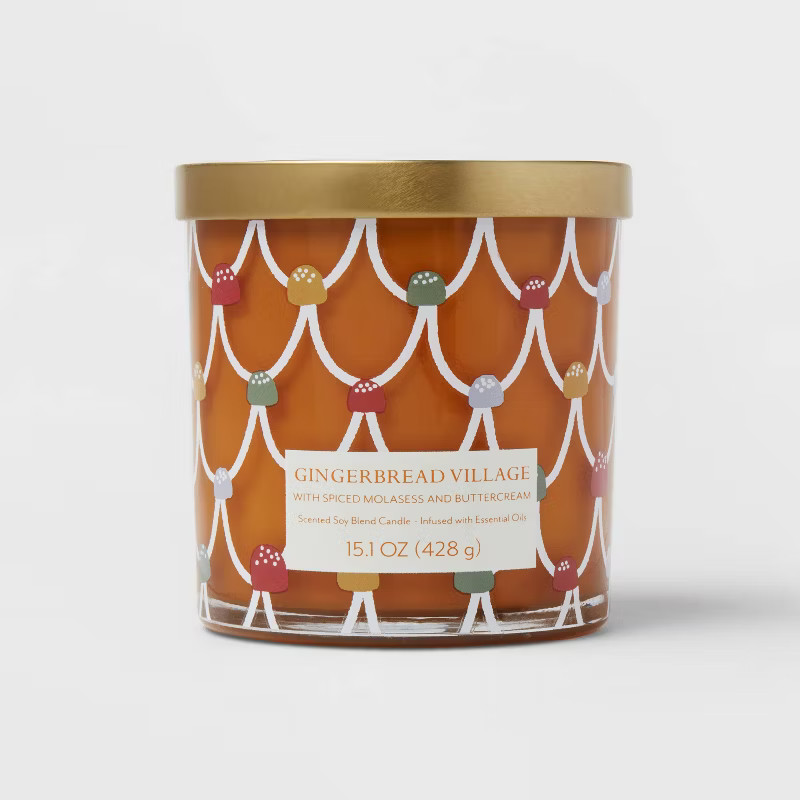 15.1oz Holiday Lidded Glass Jar 2-Wick Exterior Full Wrap Gingerbread Village Candle - Opalhouse&... | Target