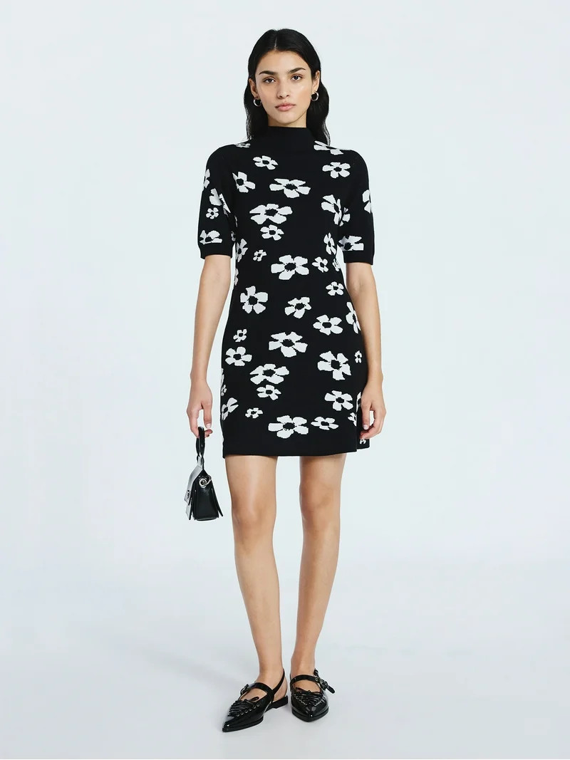 Scoop Women's Jacquard Floral Sweater Mini Dress with Short Sleeves, Sizes XS-XXL | Walmart (US)