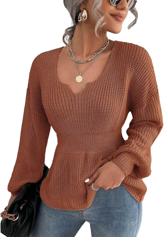 Hotouch Womens Sweater Pullovers Notched Neck Bishop Sleeve Ribbed Knit Sweater,Brown,Large at Am... | Amazon (US)